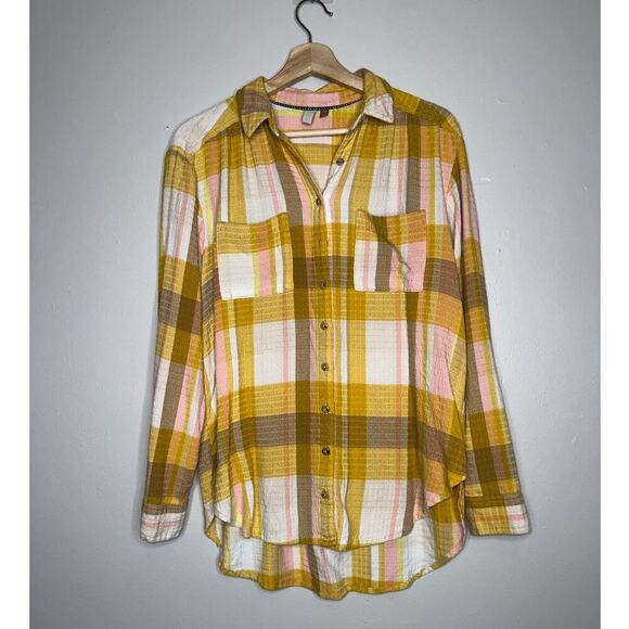 Pilcro Anthropologie Butter Yellow/Pink Plaid Button Down Shirt Size Small - Picture 2 of 6